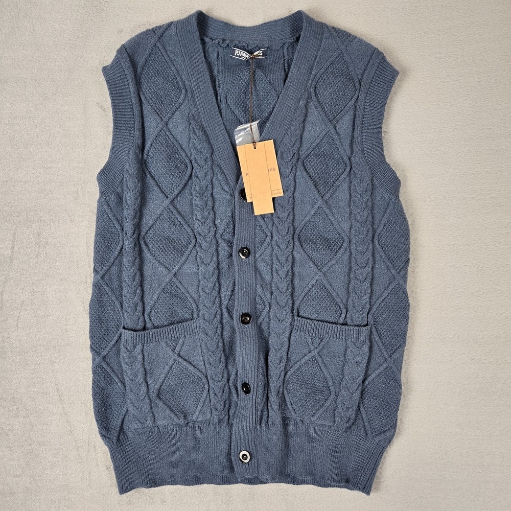 PJ Paul Jones Cardigan Sweater Vest Mens Medium Steel Blue Cable‎ Knit Pockets